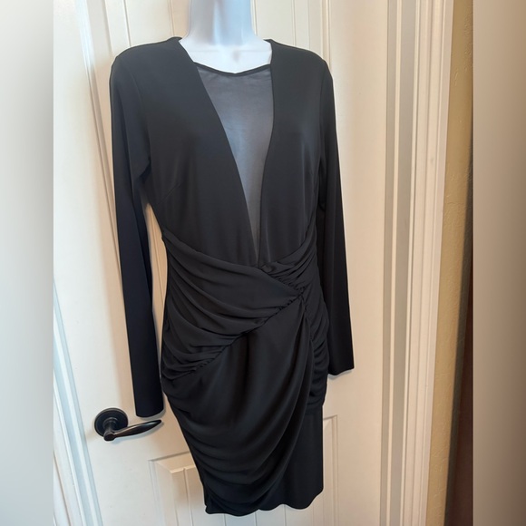 Bailey 44 Long Sleeve Black Libido Dress, Front V Shaped Mesh Panel, Ruching, M - Picture 6 of 10